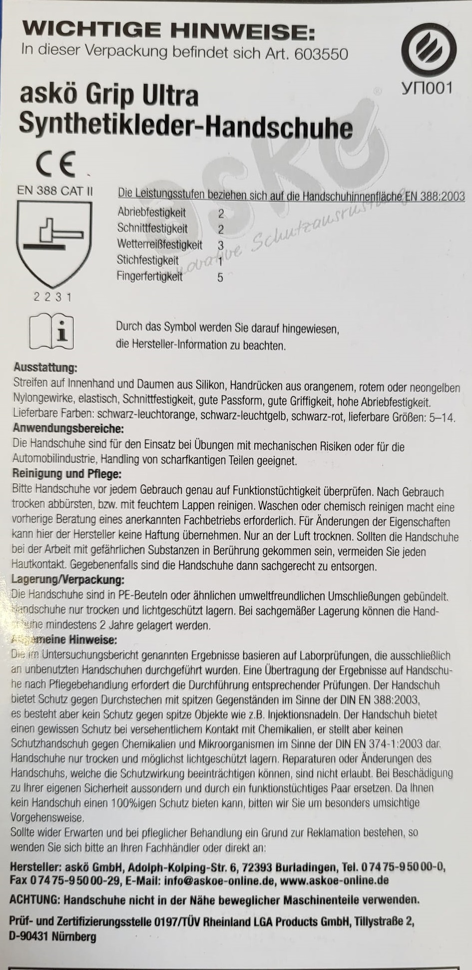 Warnhinweise askö Grip Ultra Handschuhe